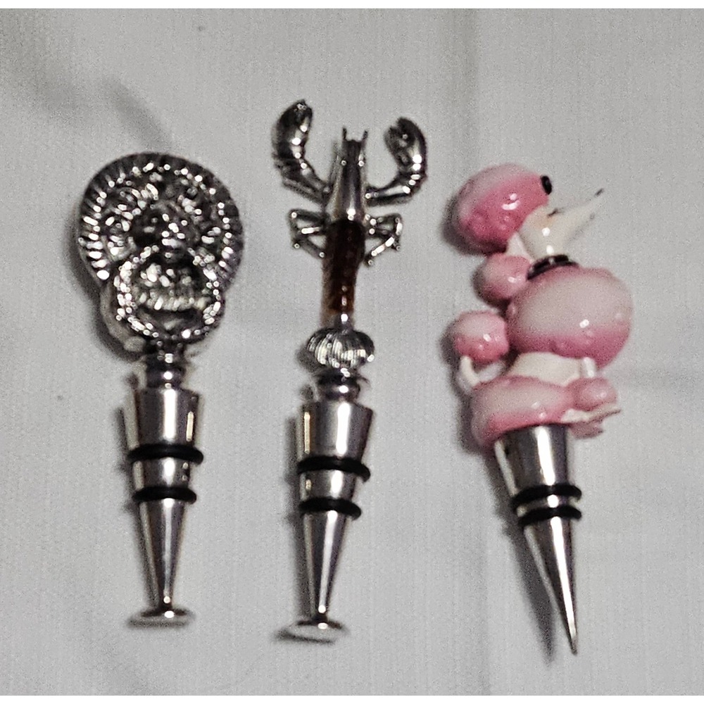 Mud Pie Shellfish, Lion, & Pink Poodle Stainless Bottle Toppers 6" Tall Lot Of 3